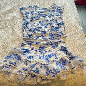 Floral Blue and White Ruffle Top and Skirt Set